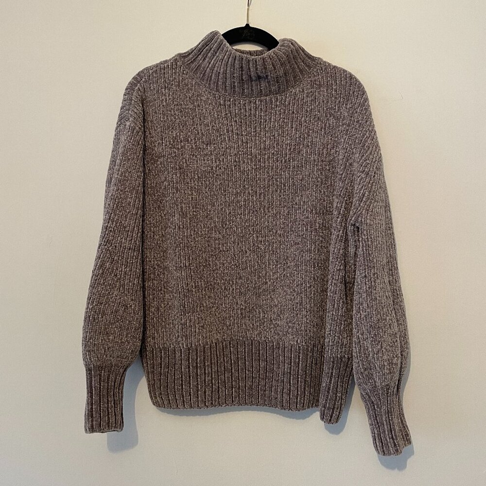 Cynthia Rowley Medium Grey Tan Cable Knit Cowl Neck Sweater Soft Winter Crop Rib
